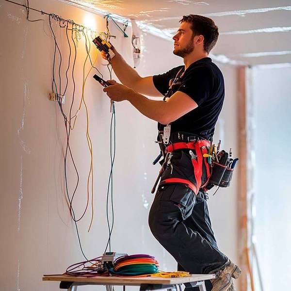 Electrician pulling new electrical wiring through a home wall